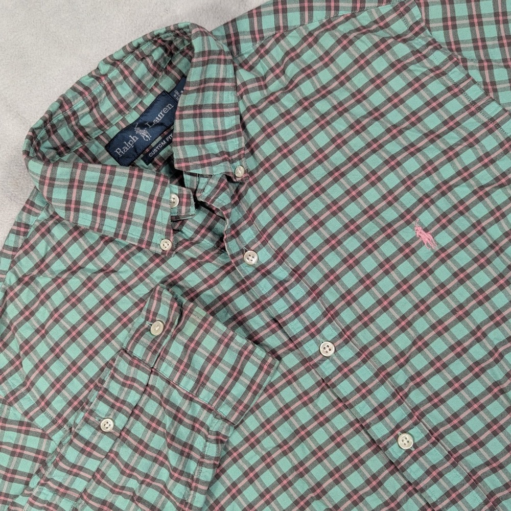 Ralph Lauren Mens Custom Fit Plaid Button Down Shirt Green Pink Cotton Size M